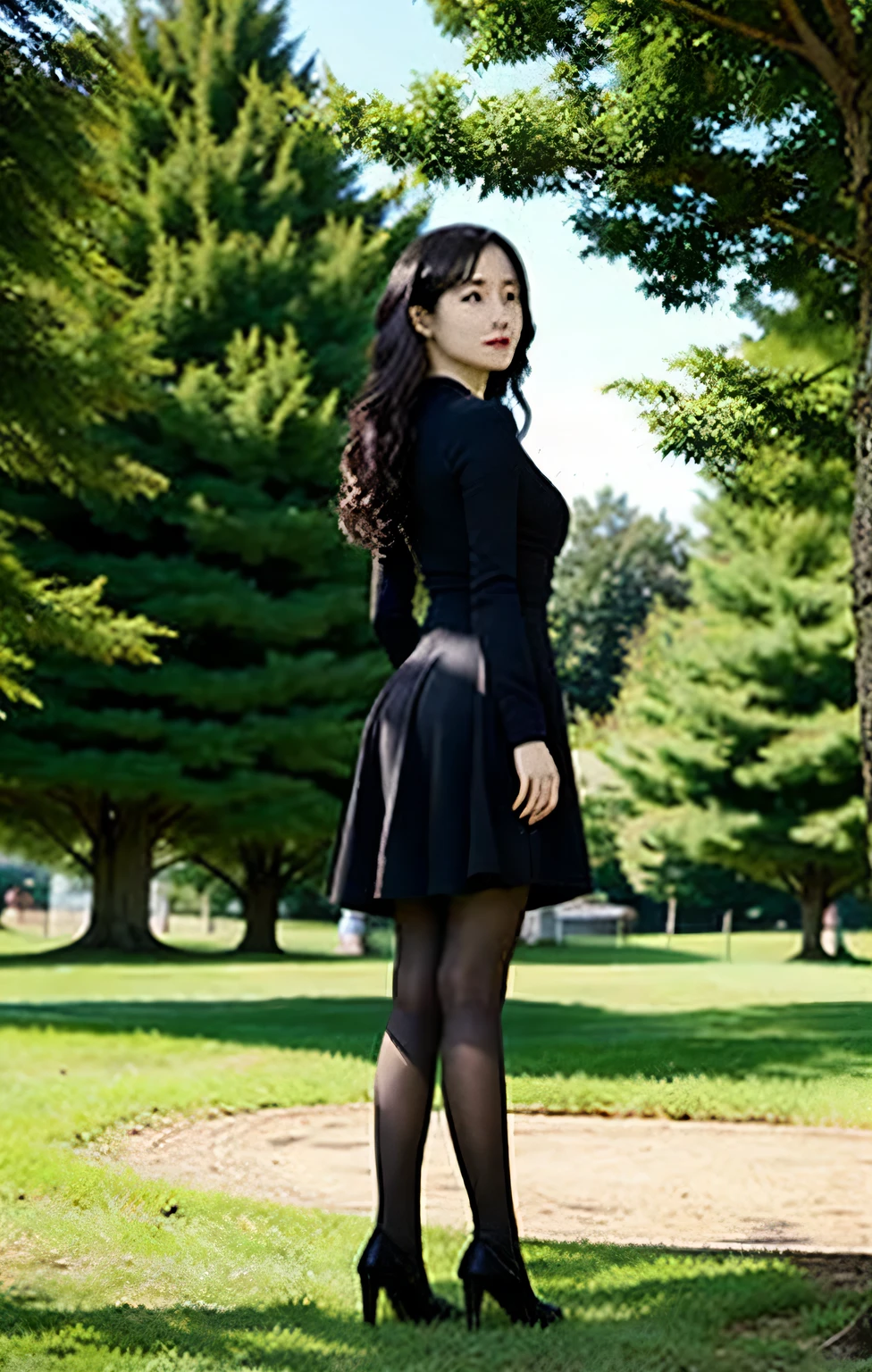 black stockings,Back to camera,stand,long hair,Hair brownish-black,High heel,in the park