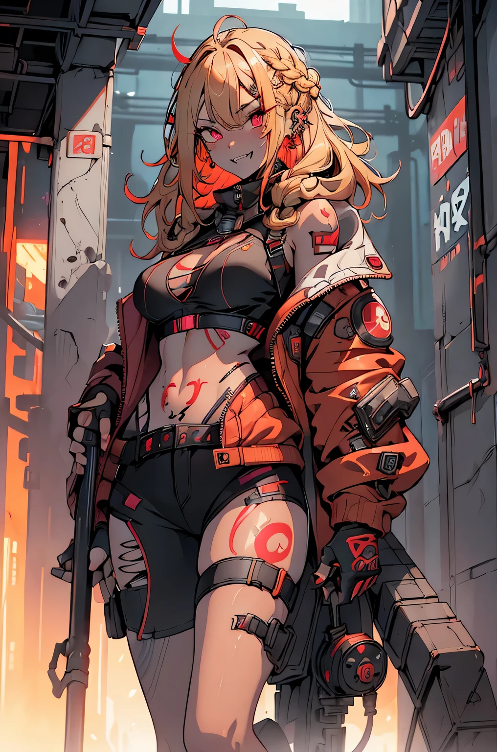 1girl, rebecca \(cyberpunk\), full body, solo, blonde braid hair, glowing red eyes,laugh fearlessly, leg tattoo, neck tattoo, large chest, black bra, thong, red pupils, skin fang, red eyes, black jacket, carry a big hammer on your shoulder、Yellow Background、dynamic angle、dynamic pose、