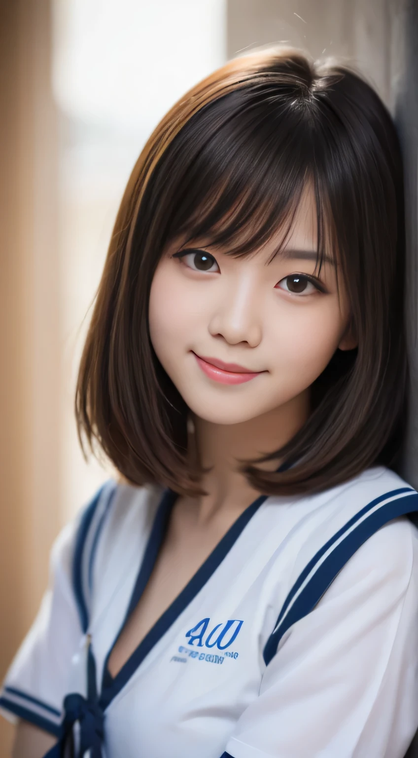 table top, highest quality, 8K, 15 year old student, Ten generations, Raw photo, absurd, award-winning portraits, smile, alone, night, neon, idol face, delicate girl, Upper body, Digital single-lens reflex camera, looking at the viewer, Frank, Sophisticated, thin arms, professional lighting, film grain, chromatic aberration, (Eye and face details:1.0), (Bokeh:1.1) , sailor suit , close your mouth , short hair , long hair , huge breasts