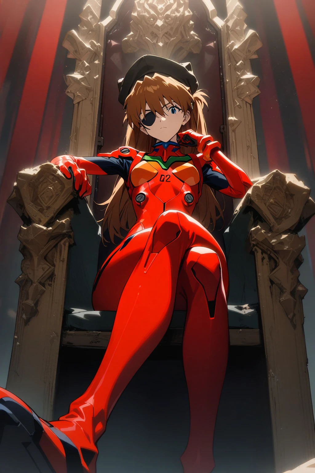1 girl, Soryu Asuka Langley, Neon Genesis EVANGELION, Evangelion New Theatrical Version, Spear of Longinus, cat hat, plug suit, pilot suit, red bodysuit, sitting, crossed legs, black eyepatch, throne, look down, from below, looking at the viewer, outdoor, masterpiece, highest quality, so beautiful, disorganized