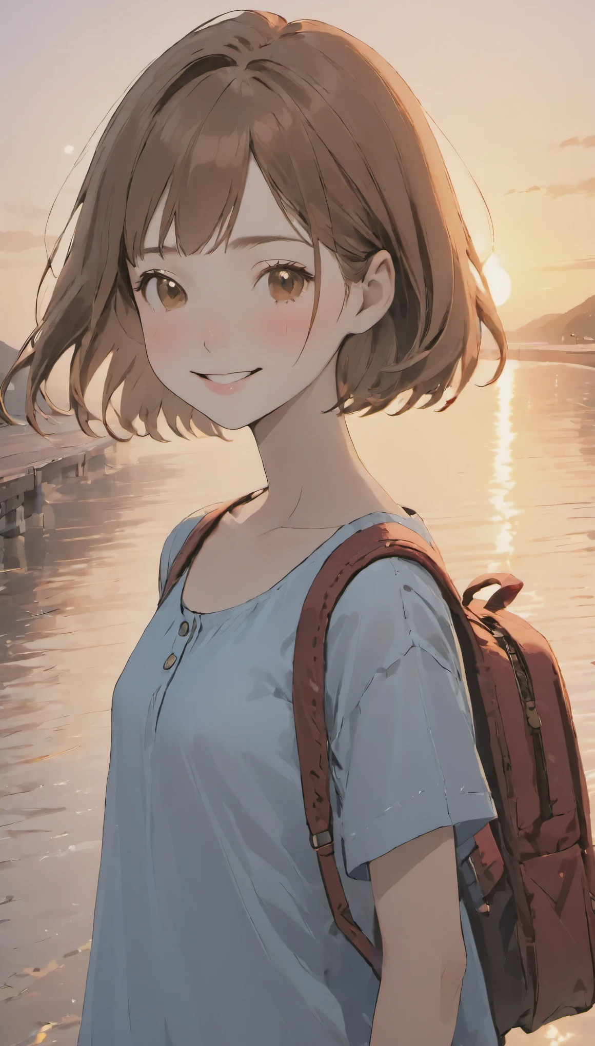 8K wallpaper combining high-definition CG、High-definition 8K CG wallpaper masterpiece、highest quality)、High resolution、Super detailed、super sharp、cinematic lighting、anatomically correct、one girl 、summer clothes、(cute face、detailed face、young face)、(brown hair、bob cut:1.4)、red cheeks、(small breasts:1.5)、(Because I&#39;m slender:1.3)、the girl is 12 years old、small breasts、(smile:1.5)、school bag、station platform、sunset、