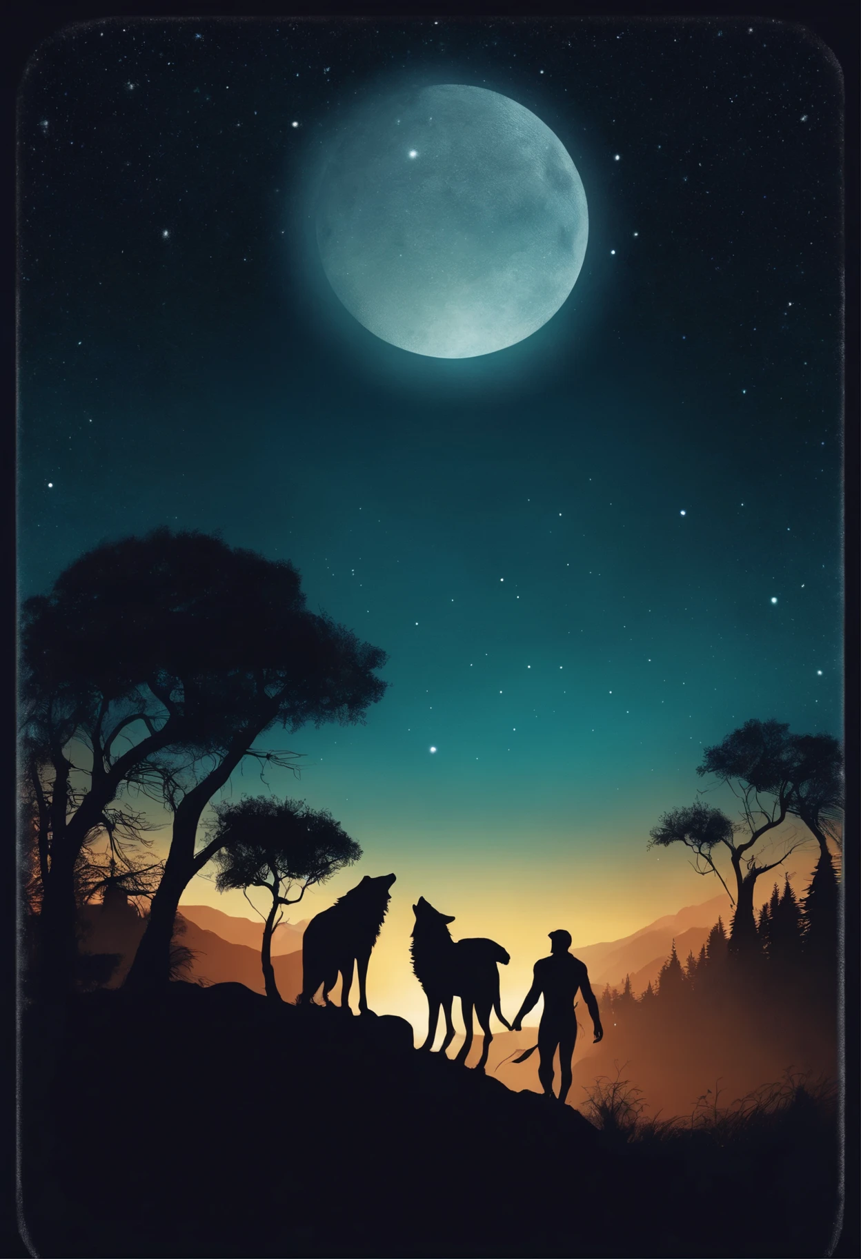 Silhouette of a caveman and a wolf walking towards the horizon of a starry night