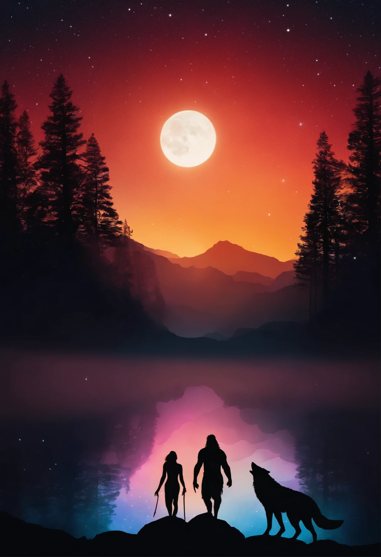 Silhouette of a caveman and a wolf walking towards the horizon of a starry night
