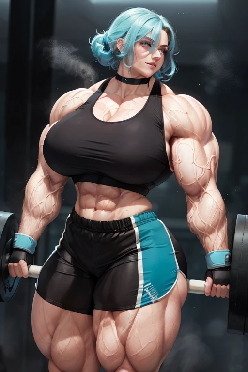 (((((Massive, tall, beautiful, sweating, pale white skinned, buff, muscular woman with cyan hair, ginormous bulky muscles, curling a massive heavy weight and wearing a black sports bra and black dolphin shorts))))), (close view), massive muscle, massive biceps, hyper muscle shoulders, vascular shoulders, hyper muscle triceps, (short hair), purple eyes, choker, fingerless gloves, (in a steamy foggy weight room), confident smile, morning, hyper vascular arm, hyper muscles arms, hyper muscle legs, massive arms.