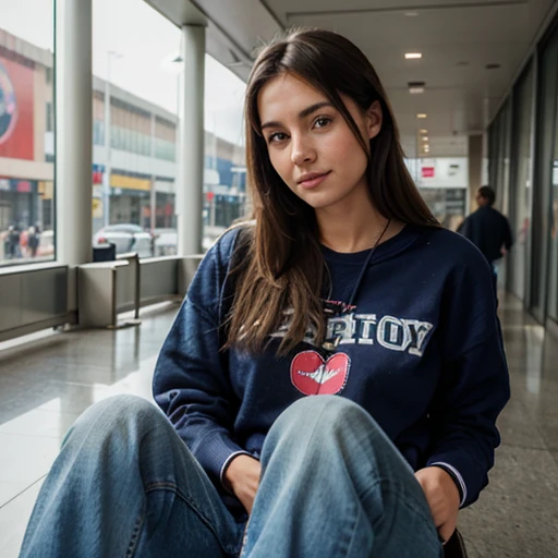 Realistic image, girl 23 anni, with jeans and felpa, faccia felice, malpensa