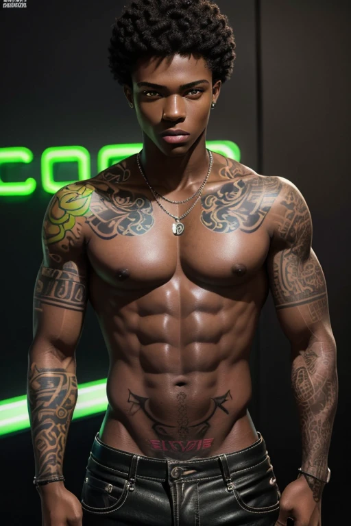 young black man, , ((young man)), clean skin, ((very detailed skin)), curly hair, ((short hair)), (very detailed hair), deep eyes, (green eyes), ( (detailed eyes)), square face, (defined face), full lips, (muscular body), ((no shirt)), (arm tattoo), ((neon tattoo)), (very detailed tattoo), leather (brown pants), (detailed pants)