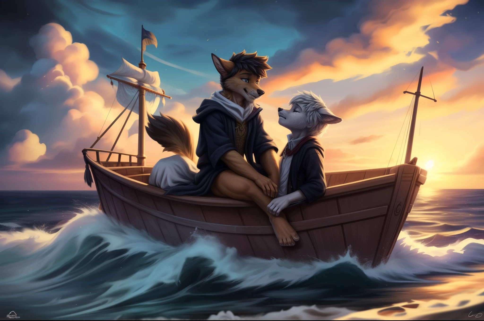 (((Barefoot furry character, full body, cinematic setting, male)))
Masquerading as a man with a reason.
My charade is the event of the season
and if I claim to be a wise man, well
it surely means that I don't know.
On a stormy sea of moving emotion
tossed about I'm like a ship on the ocean.
I set a course for winds of fortune,
but I hear the voices say:
(Carry on my wayward son.)
(There'll be peace when you are done.)
(Lay your weary head to rest.)
(Don't you cry no more.)
BREAK, detailed background, 8K, (masterpiece:1.5), intricate details, highly detailed, extreme detail, octane render, fine art, best quality, highres, (detailed face:1.5), ((full_body)), UHD, (((perfect hands)))