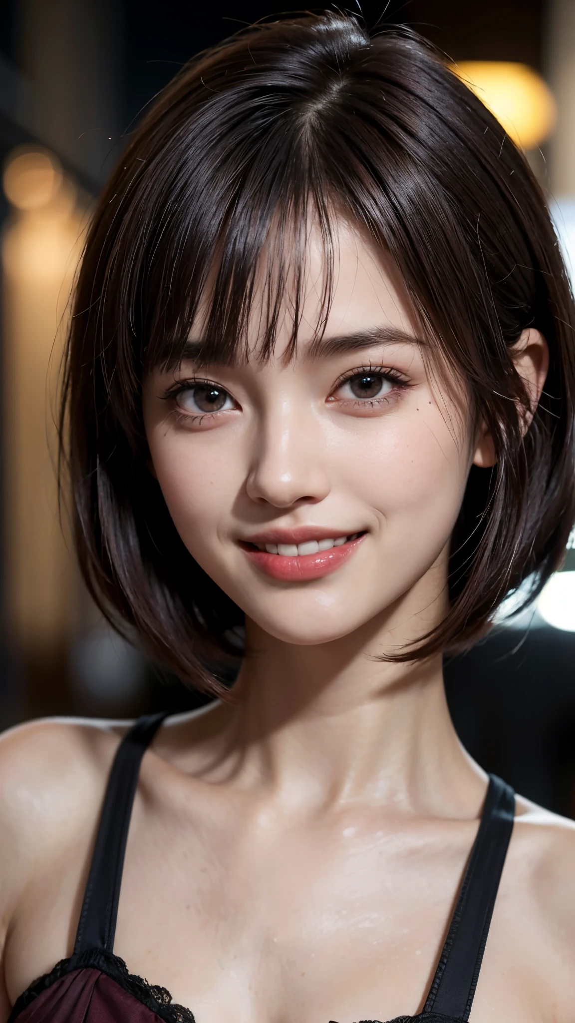 cute 26 year old,1 girl,slim face ,8K,Super realistic image quality,dynamic shadow,sparkling eyes,clear black eyes,movie theater lighting,dark back alley,night,Darkness of the city,suit, ((face close up:1.4)),((A smile showing white teeth)),((Open mouth and smile happily)),((maroon short hair)),((very short bangs)),close, 8K, Raw photo, highest quality, masterpiece,realistic, photo-realistic,