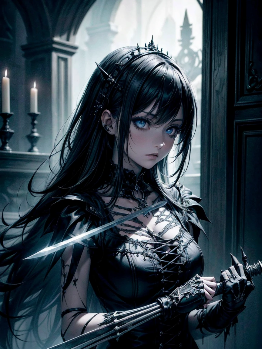 (a girl with) Aura-like gothic lighting, realistic Gothic-style artwork, detailed skeleton impaling itself with a sword in the neck, dark atmospheric background, high-res masterpiece:1.2, ultra-fine painting, professional, vivid colors