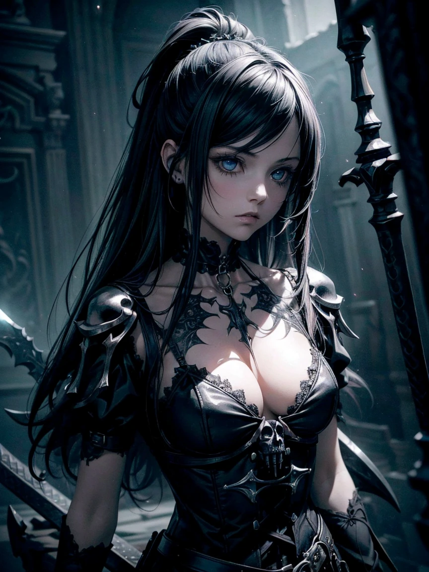 (a girl with) Aura-like gothic lighting, realistic Gothic-style artwork, detailed skeleton impaling itself with a sword in the neck, dark atmospheric background, high-res masterpiece:1.2, ultra-fine painting, professional, vivid colors