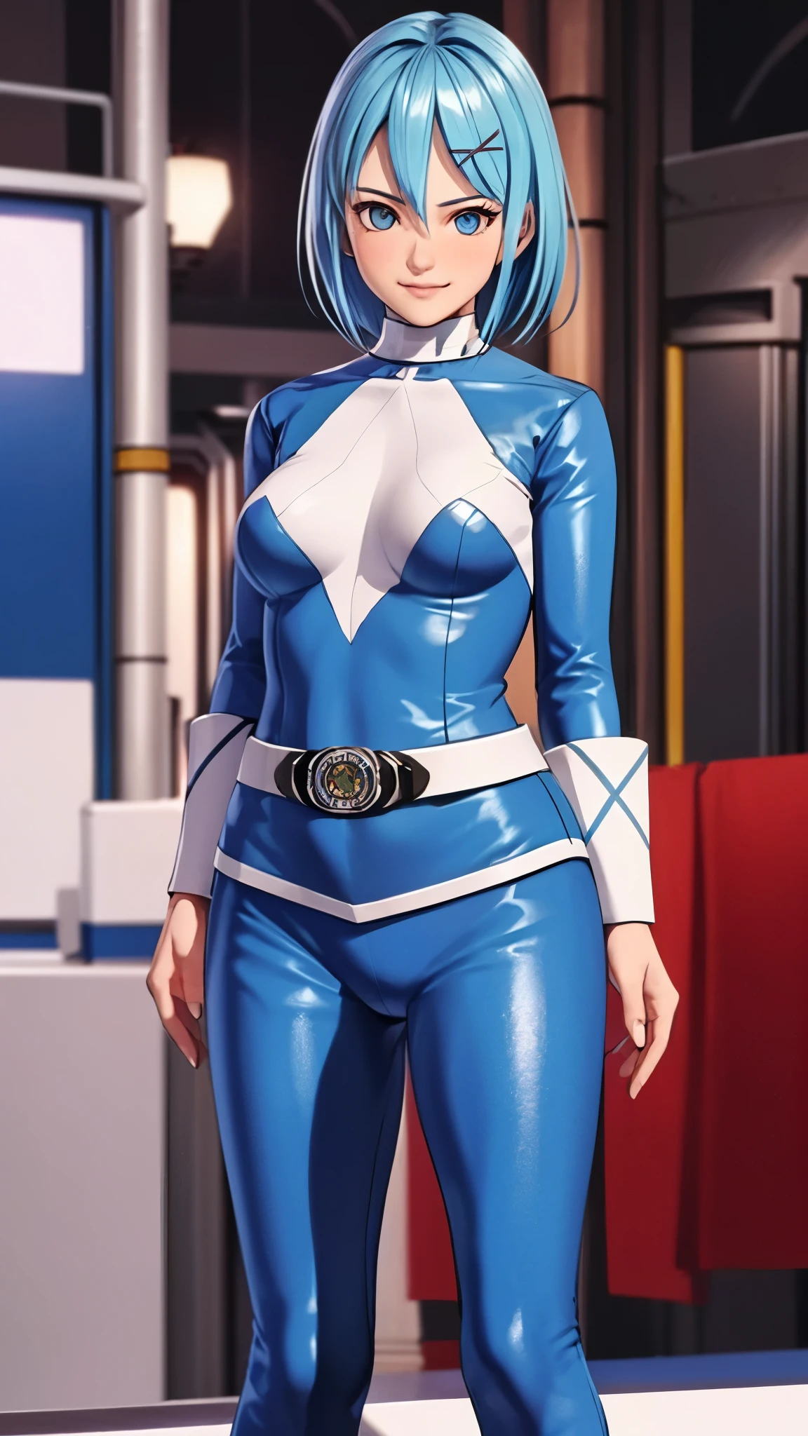 (1girl,solo),(nico),blue hair,blue eyes,spandex body suit, (blue costume), armor suit,smile,full body,ultra-detailed,sharp focus,aesthetic,(best quality)