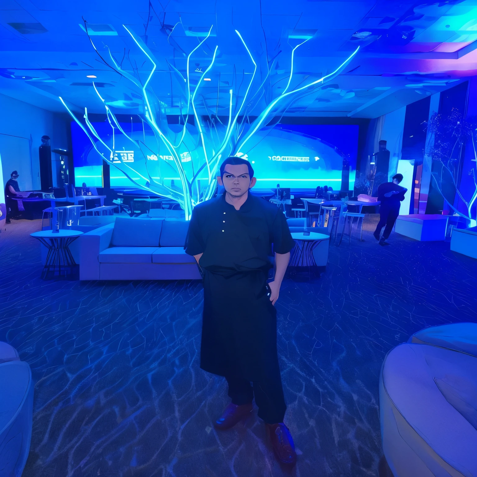 homem arafiado parado em uma sala com luz azul, parado em um restaurante, by Gina Pellon, no futuro telhado de luz neon, plano amplo de corpo inteiro, tirada em 2 0 2 0, extremely grumpy blue lighting, by Byron Galvez, por Robbie Trevino, obra-prima obra de arte, por David Rubin, dramatic blue lighting, dinner is served