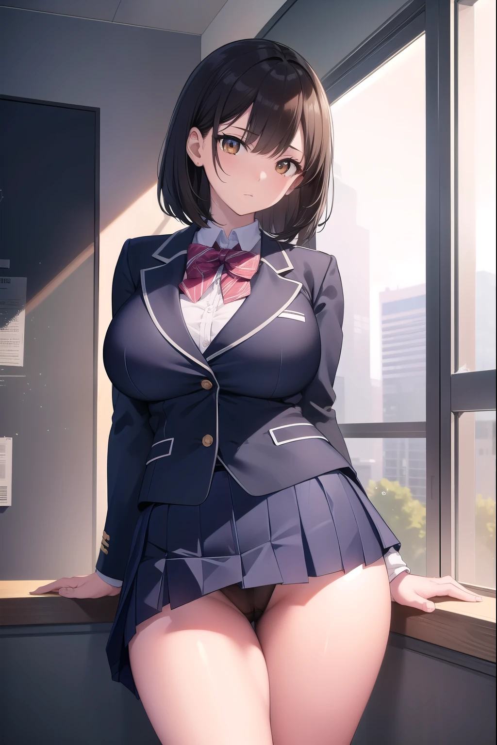 black hair, (brown eyes:1.5), (shot hair:1.6),
BREAK blazer, blue skirt, jacket, otonokizaka , pleated skirt, , winter uniform, (short skirt:1.6), (micro skirt:1.6), (big breasts:1.6), (slender:1.4), (thong:1.6),
BREAK looking at viewer,
BREAK indoors, classroom,
BREAK (masterpiece:1.2), best quality, high resolution, unity 8k wallpaper, (illustration:0.8), (beautiful detailed eyes:1.6), extremely detailed face, perfect lighting, extremely detailed CG, (perfect hands, perfect anatomy),