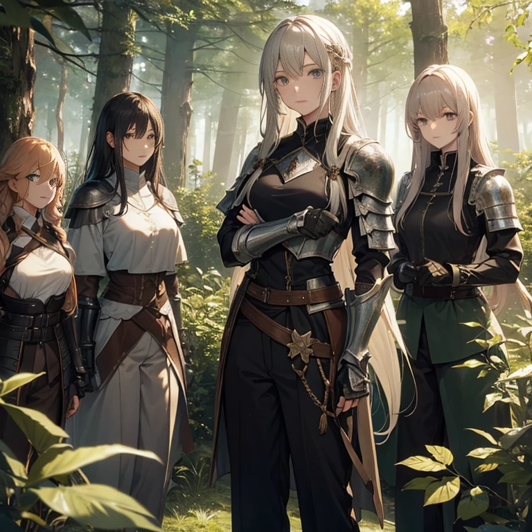 A group of female knights, (in forest), various hair styles, harem, wearing armored clothes, metal armor, night, details face, trousers, seducing, sword,