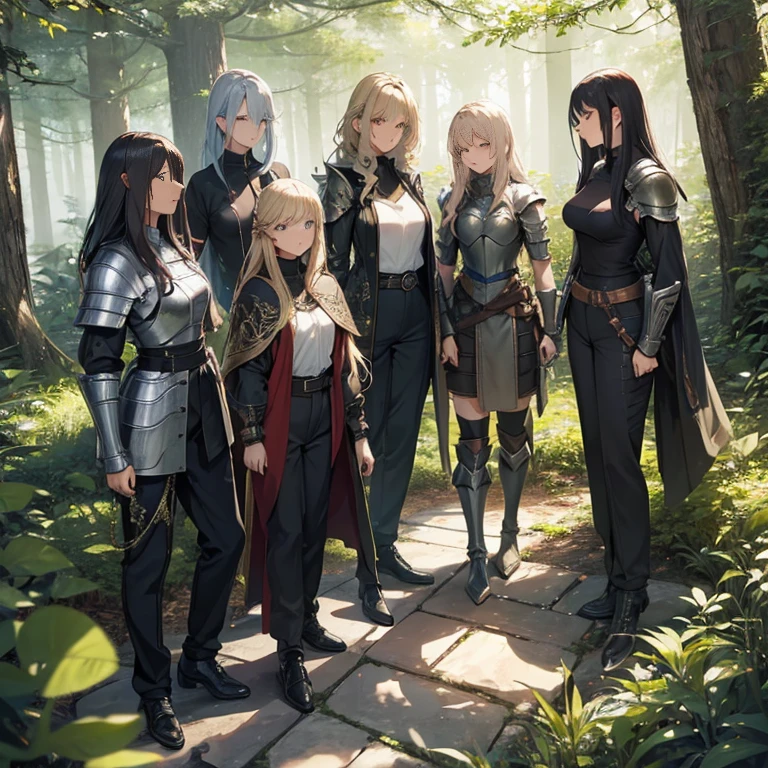 A group of female knights, (in forest), various hair styles, metal armor, harem, trousers, seducing, beautiful face, close