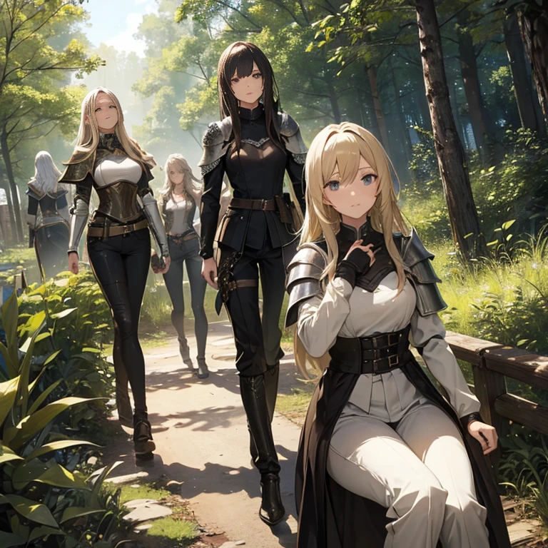 A group of  female knights, (in forest), various hair styles, metal armor, harem, trousers, seducing, beautiful face, close
