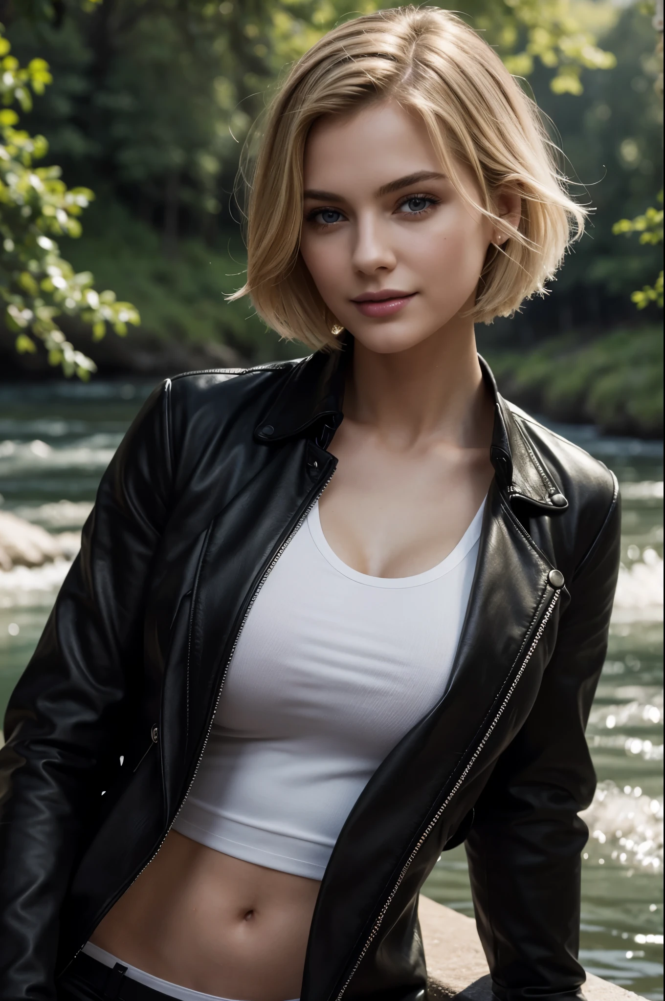 masterpiece, best quality, extremely detailed, hyperrealistic, photorealistic, a beautiful 20s french model, full body shot, river:1.1, black jacket:1.1, white t-shirt, ultra detailed face, short hair, blonde hair, pale skin, busty breasts, smiling