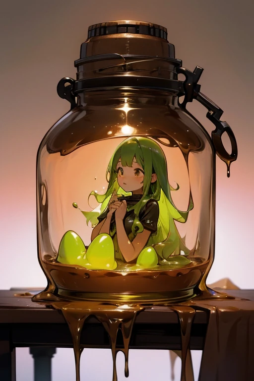 A brown slime girl trapped in a bottle on a desk、horror、Creepy、mud