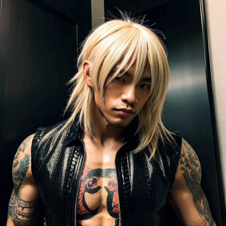 1 man, Japanese man, male, Asian eyes, muscular, broad shoulders, dragon tattoos, hairstyle Visual Kei style, hair Visual Kei, black men's shirt and black pants, ultra detailed face, hyperrealistic, realistic representation, long hair, long hair, 30 years old, age 30 years, blond, blonde hair