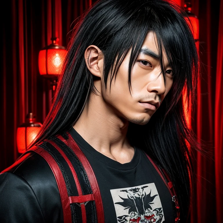1 man, Japanese man, male, Asian eyes, muscular, broad shoulders, dragon tattoos, hairstyle Visual Kei style, hair Visual Kei, black men's shirt and black pants, ultra detailed face, hyperrealistic, realistic representation, long hair, long hair, 30 years old, age 30 years, blond, blonde hair