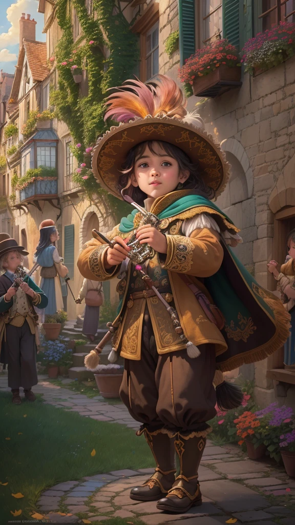 The Pied Piper Tarot Card (best quality,4k,8k,highres,masterpiece:1.2),ultra-detailed,(realistic,photorealistic,photo-realistic:1.37),HDR,UHD,studio lighting,extreme detail description,professional,vivid colors A Pied Piper stands in the center of a picturesque town square, surrounded by colorful buildings and cobblestone streets. He is dressed in vibrant attire, wearing a tall feathered hat and a flowing cape. His eyes sparkle with mischief as he prepares to play his magical flute. The details of his face, from the beautiful detailed eyes to the detailed lips, are carefully depicted with precision and realism. The captivating sound of his flute permeates the air, enchanting all who hear it. As the musical notes float through the scene, a group of children gathers around the Pied Piper. Their expressions are filled with wonder and curiosity as they follow his every move. Each child is uniquely portrayed, with diverse appearances, clothing, and personalities. They eagerly join hands and dance in a circle, completely captivated by the Piper's whimsical tune. The surrounding architecture reflects the charm of a European village, with ornate balconies, arched doorways, and colorful window shutters. Vibrant flowers spill over window boxes and line the streets, adding a burst of color to the scene. The warm sunlight bathes the square, casting soft shadows and creating a sense of depth and dimension. In the distance, the idyllic countryside stretches out, with rolling hills and lush green meadows. Tall trees sway gently in the breeze, their leaves rustling in harmony with the Piper's music. The sky above is a stunning masterpiece, painted with shades of blues, pinks, and golds. Every aspect of this artwork is meticulously crafted, from the intricate textures of the Piper's clothing to the fine brushstrokes that bring the scene to life. The level of detail is unparalleled, with each element expertly rendered to create a truly immersive experience. The overall tone of