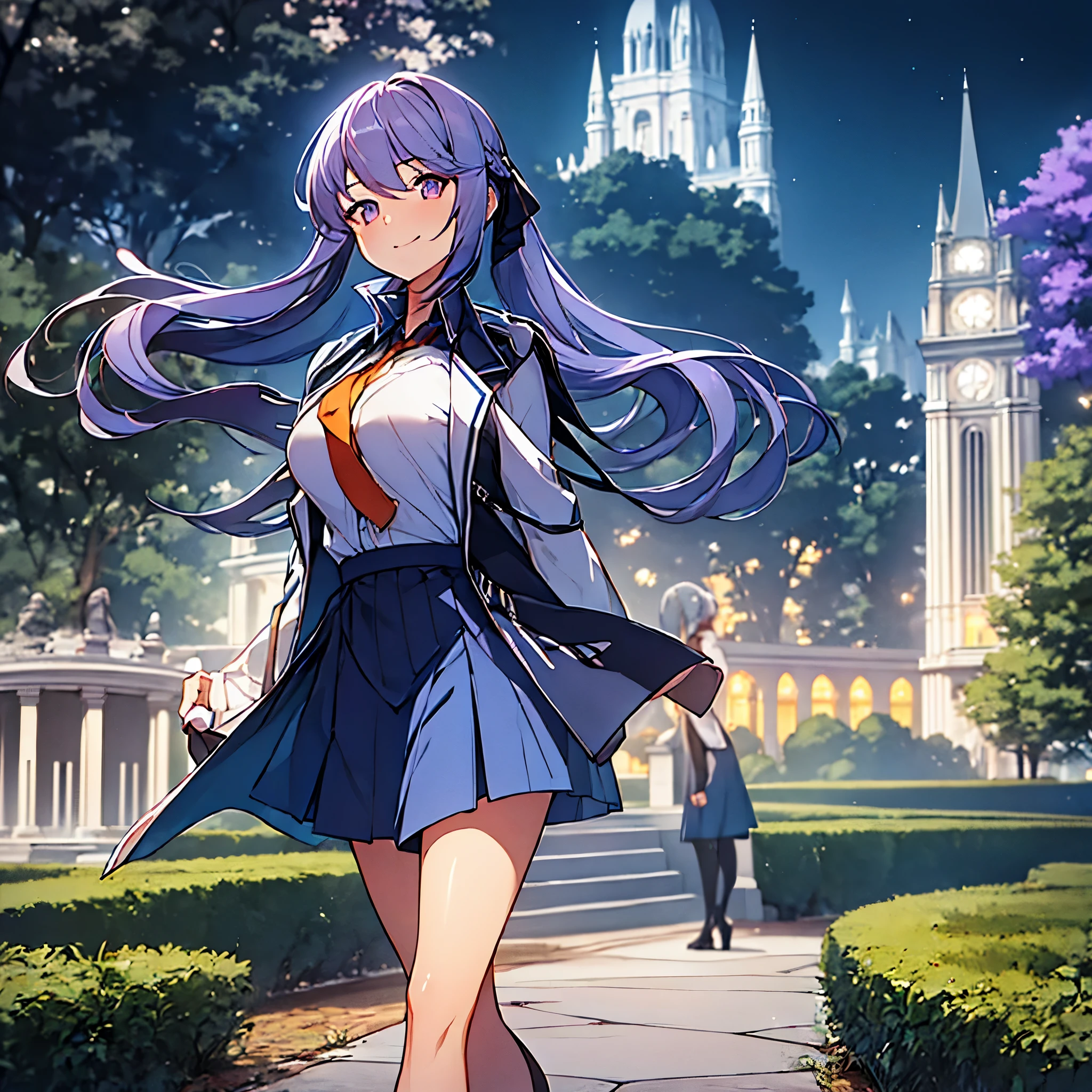 A woman wearing a white shirt with the symbol of the United States, a short blue skirt, in a park at night, plantations around, building in the background, lighting, violet hair, orange eyes, smiling,very detailed, masterpiece, high quality, ultra resolution, 4k hd
