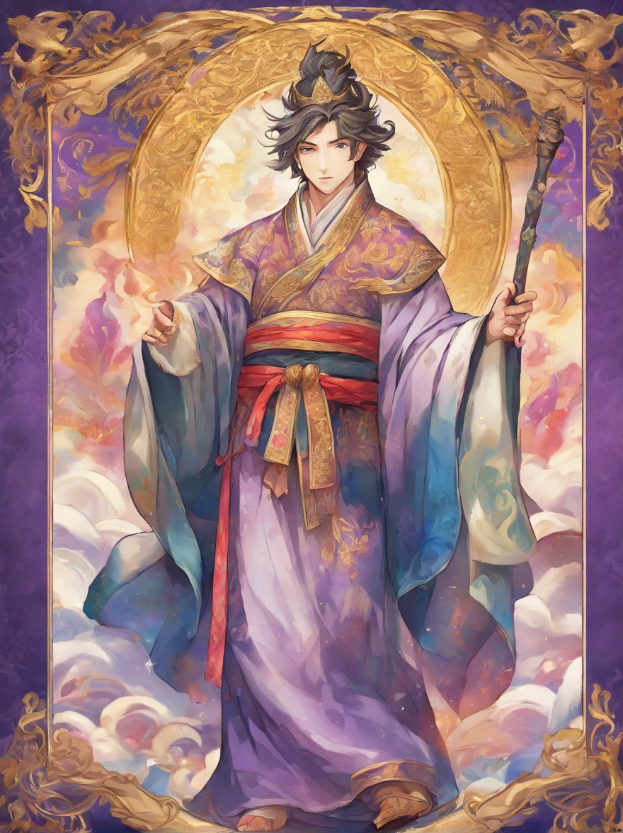 prompt: saint Prince Shotoku in the center, "THE WORLD" written below, tarot card design, vibrant colors, mystical atmosphere, intricate details, realistic painting style, soft lighting. (best quality, highres), deep blues and purples hovering in the background, ornate gold accents on the card, ethereal aura surrounding Prince Shotoku, delicate brushstrokes showcasing fine textures, ornamental details on the card's border, graceful flowing robes draped around Prince Shotoku, dramatic shading capturing the divine presence, intricate patterns and symbols adorning the card, expressive eyes radiating wisdom and enlightenment.