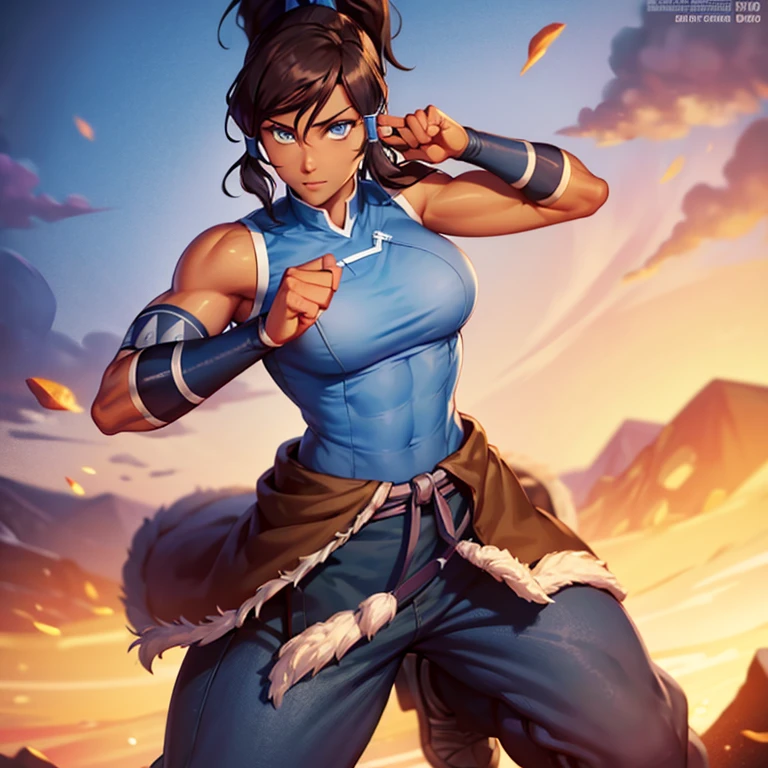 korra, dark skin, dark-skinned female, ponytail, muscular female, high quality, detailed, high resolution,