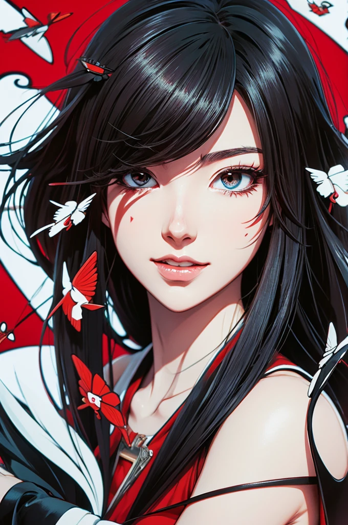 red_black_white,(pieces fly:1.2),(anime style etc..,Comic Core:1.1),1 girl,Quill pen,crazy about love,highly detailed eyes,highly detailed face,highly detailed hair,8K,Decide,