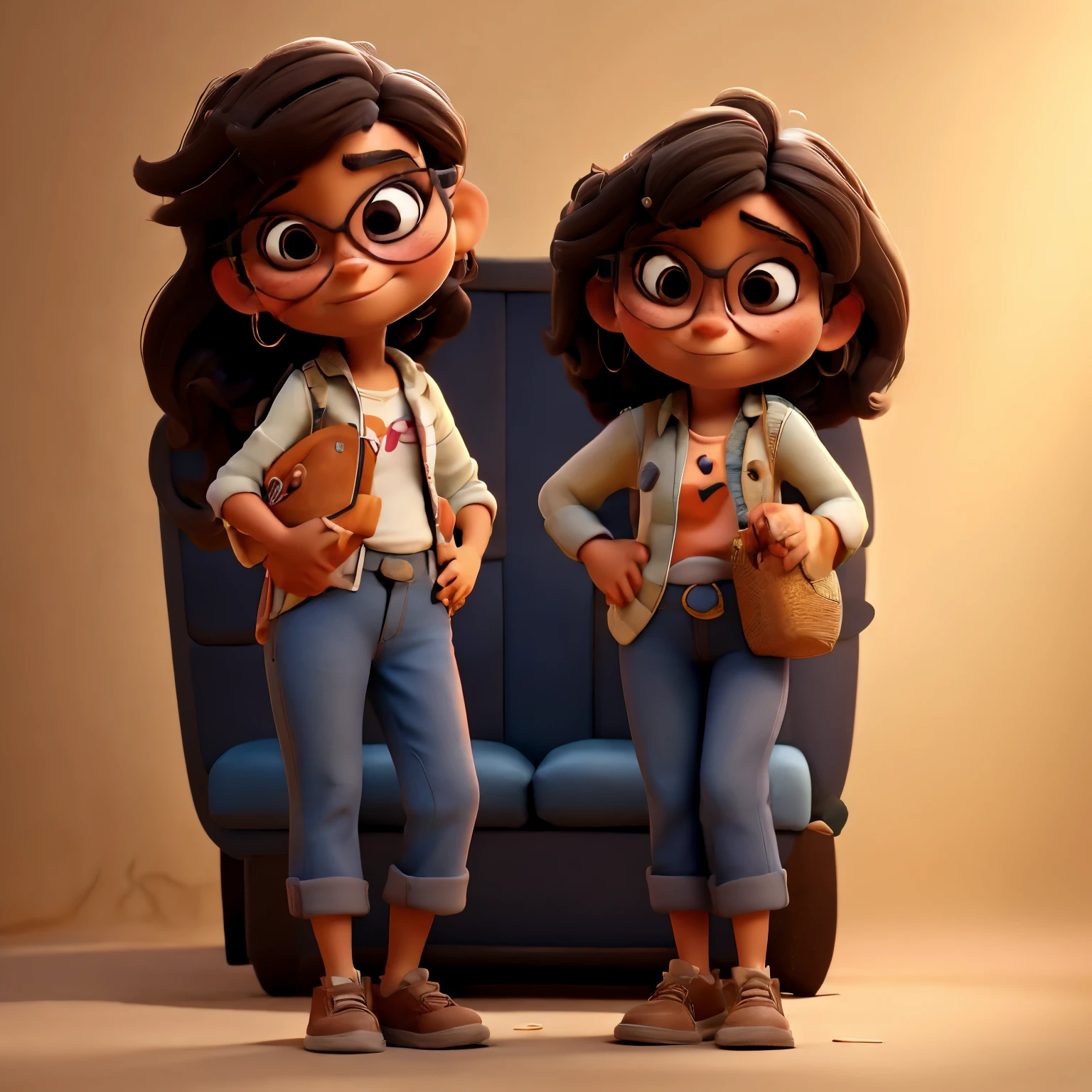 Mujer estilo disney pixar en un ambiente lleno de tupperware.  Mujer morena con gafas, pantalones y blusa, Brown hair, cara redonda