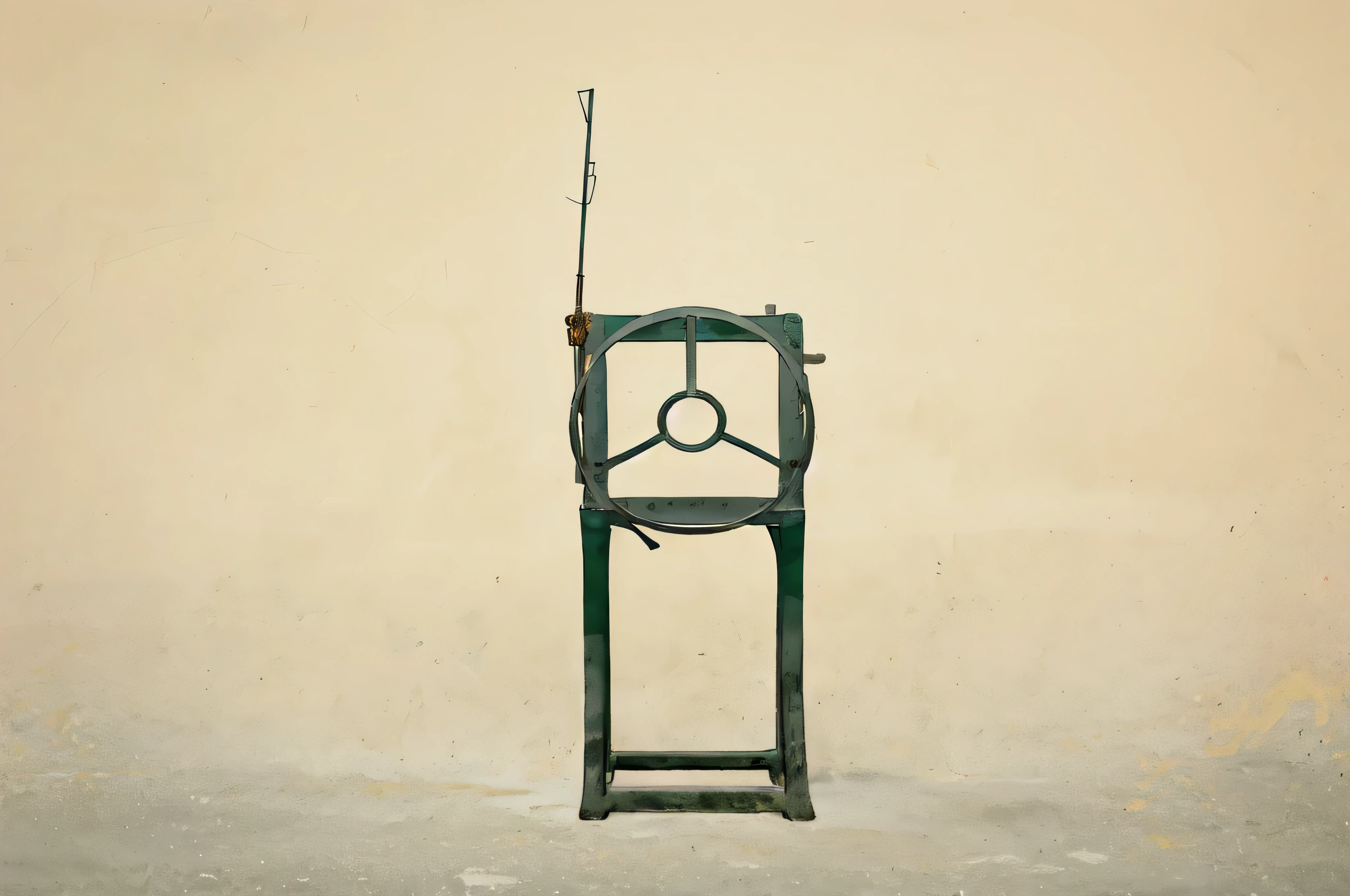 There is a green chair，There&#39;s a radio on it, Inspired by Zhang Kechun, guillotine, Inspired by Charles W. Bartlett, author：Artur Tarnovsky, Minimal device, Archival pigment printing, by Carlo Needler, iron frame, author：Simon Gowan, minimal composition, author：Alexander Kozis, toy , industrial art style