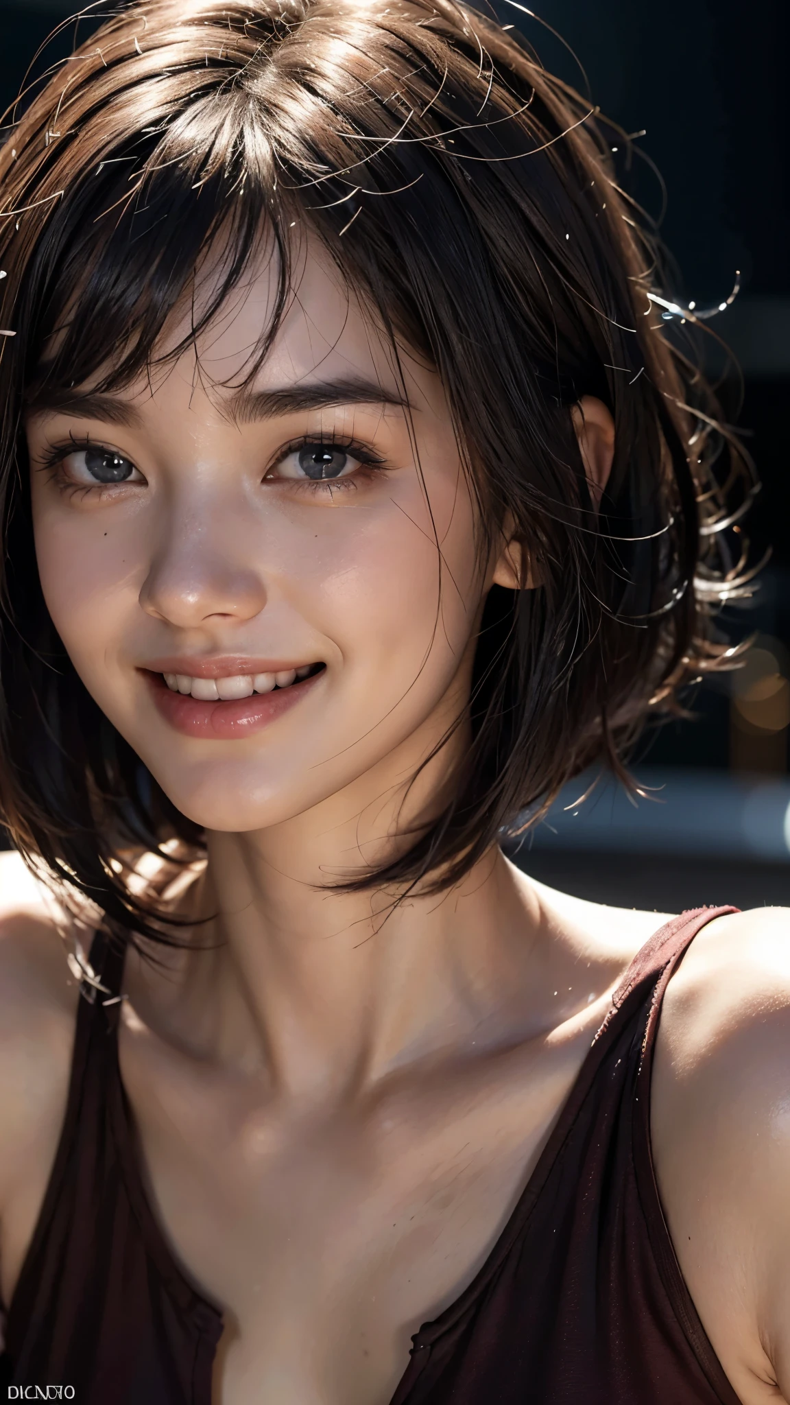 cute 26 year old,1 girl,slim face ,8K,Super realistic image quality,dynamic shadow,sparkling eyes,clear black eyes,movie theater lighting,dark back alley,night,Darkness of the city,suit, ((face close up:1.5)),((A smile showing white teeth)),((Open mouth and smile happily)),((maroon short hair)),((very short bangs)),close, 8K, Raw photo, highest quality, masterpiece,realistic, photo-realistic,