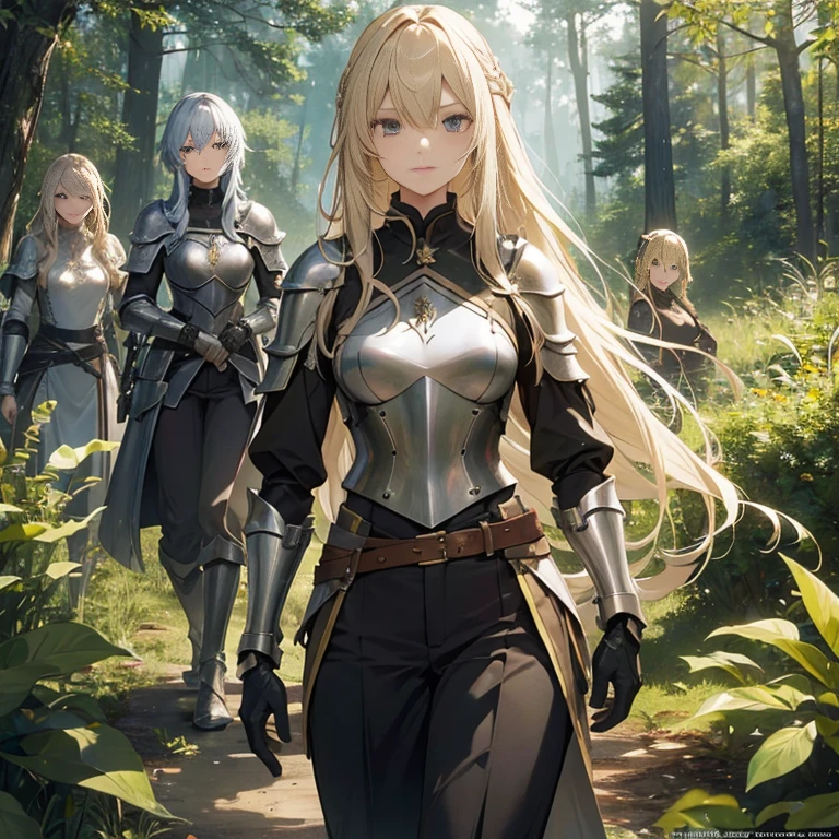A group of female knights, (in forest), various hair styles, metal armor, harem, trousers, seducing, beautiful face, close