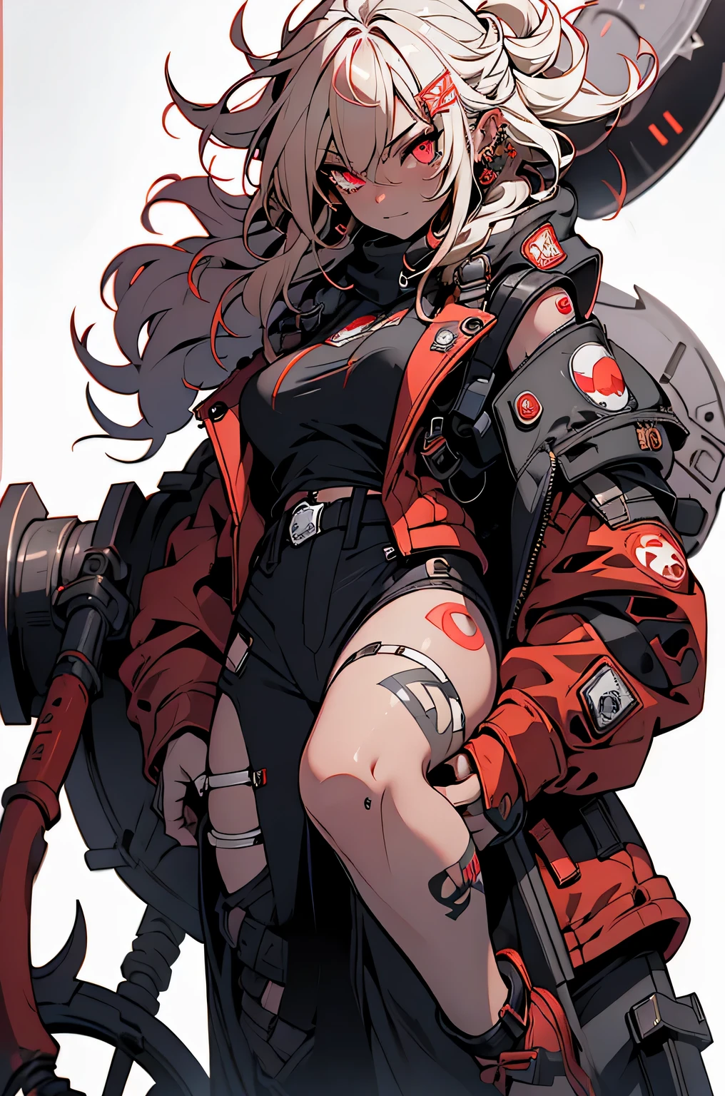 1girl, rebecca \(cyberpunk\), full body, solo, blonde braid hair, glowing red eyes,laugh fearlessly, leg tattoo, neck tattoo, large chest, black bra, thong, red pupils, skin fang, red eyes, black jacket, ((carry a big hammer on your shoulder、white background:1.35))、dynamic angle、dynamic pose、