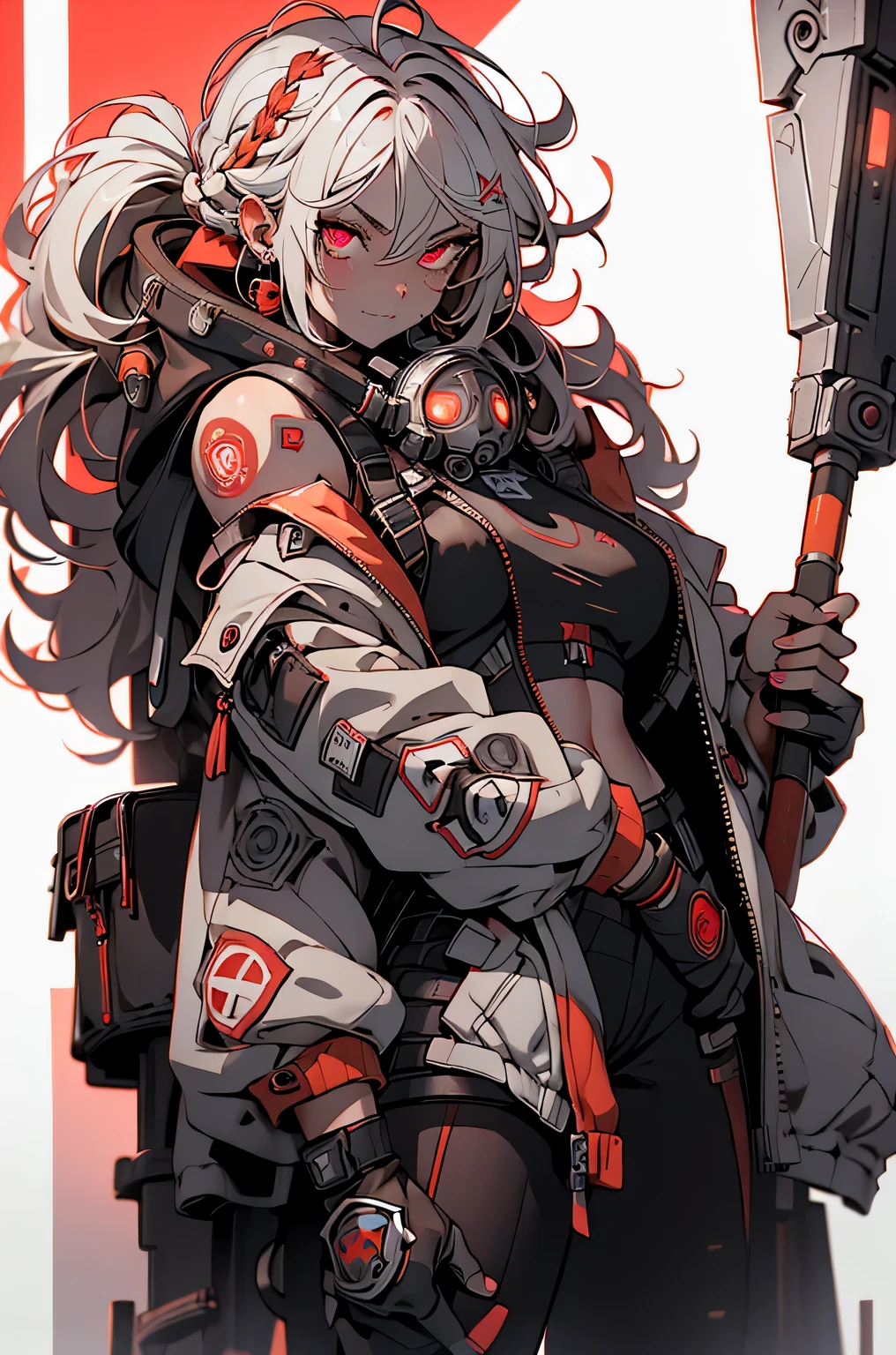 1girl, rebecca \(cyberpunk\), full body, solo, blonde braid hair, glowing red eyes,laugh fearlessly, leg tattoo, neck tattoo, large chest, black bra, thong, red pupils, skin fang, red eyes, black jacket, ((carry a big hammer on your shoulder、white background:1.35))、dynamic angle、dynamic pose、