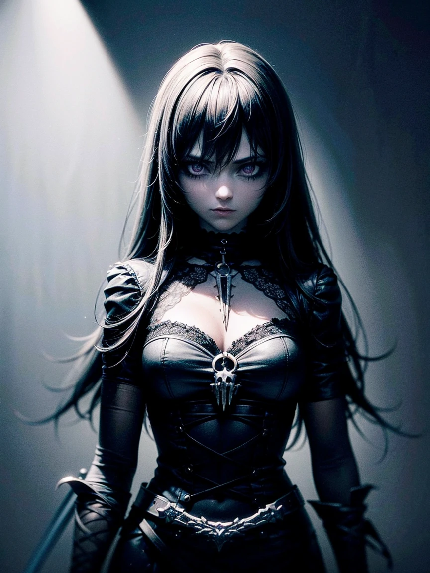(a girl with) Aura-like gothic lighting, realistic Gothic-style artwork, detailed skeleton impaling itself with a sword in the neck, dark atmospheric background, high-res masterpiece:1.2, ultra-fine painting, professional, vivid colors
