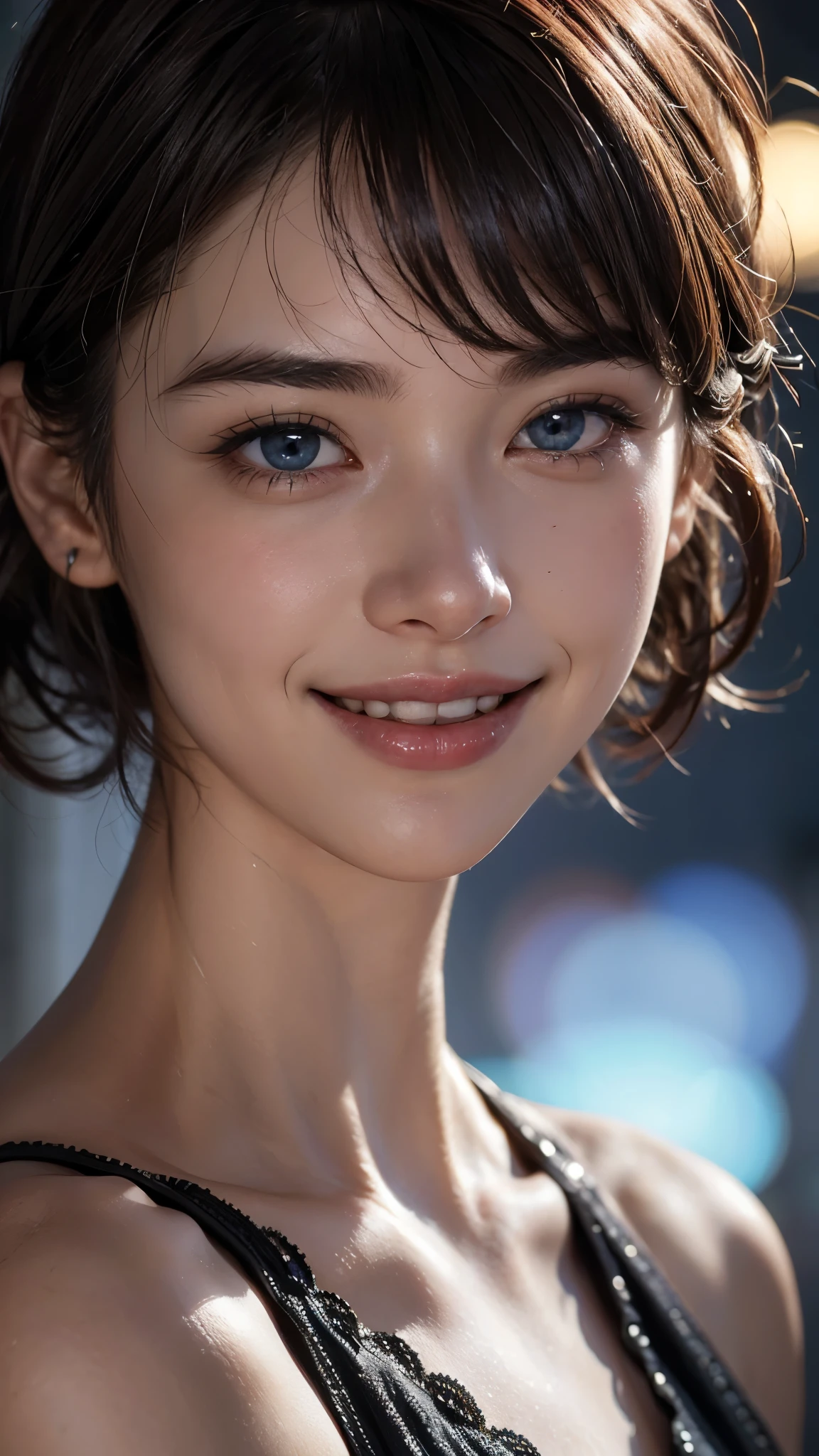 cute 26 year old,1 girl,slim face ,8K,Super realistic image quality,dynamic shadow,sparkling eyes,clear pale blue eyes,movie theater lighting,dark back alley,night,Darkness of the city,suit, ((face close up:1.4)),((A smile showing white teeth)),((Open mouth and smile happily)),((maroon short hair)),((very short bangs)),close, 8K, Raw photo, highest quality, masterpiece,realistic, photo-realistic,