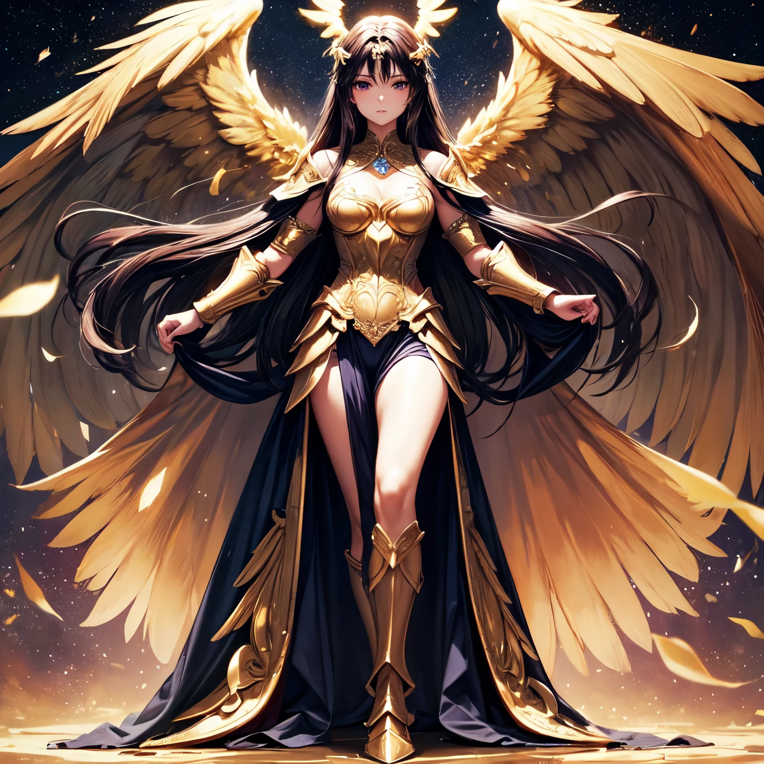 best quality, extremely beautiful, beautiful face, angel woman, two huges golden wing, revealing armor with open front skirt, very long dark hair
