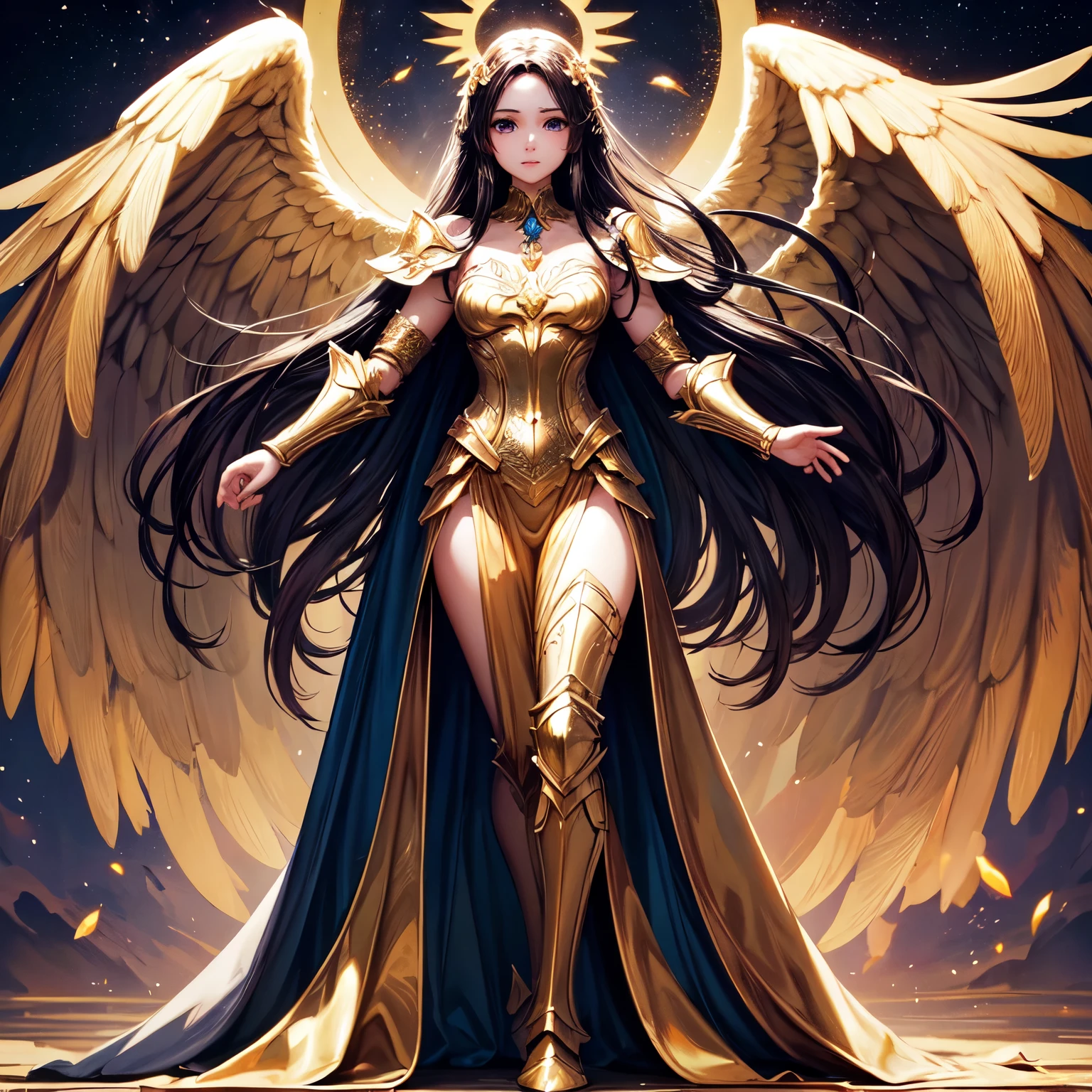 best quality, extremely beautiful, beautiful face, angel woman, two huges golden wing, revealing armor with open front skirt, very long dark hair
