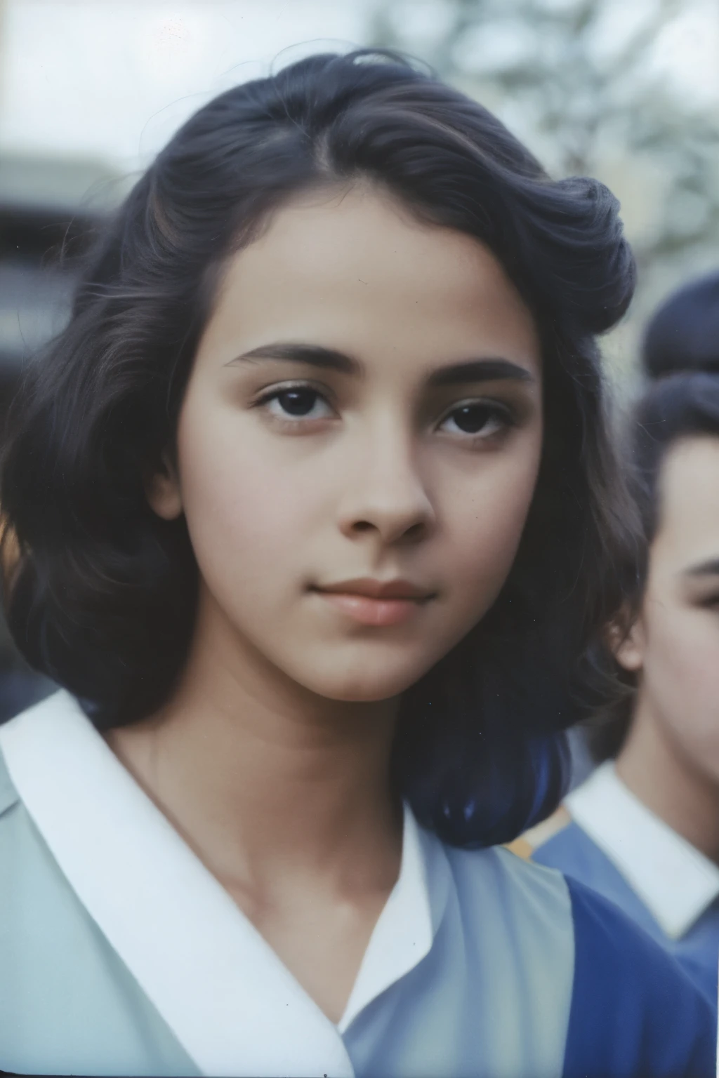 there is a young girl with a colorful dress standing in a crowd, photo of young woman, close-up portrait film still, color portrait, close up portrait polaroid, 1960s color photograph, 90's color photo, polaroid color photograph, portrait of a young age girl, taken on a 1970s polaroid camera