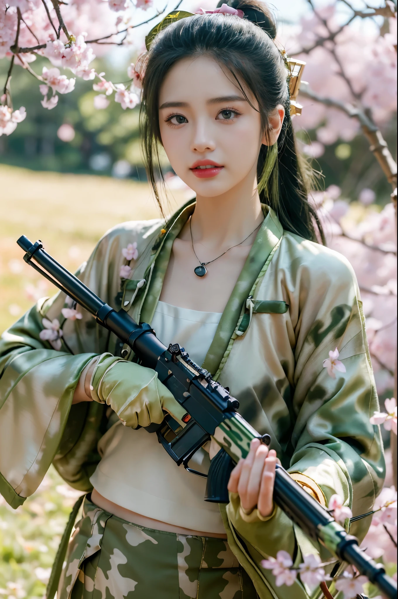 ((((8k))),((Extremely meticulous CG)) ,(wallpaper),16k,((Extremely refined and beautiful)),(((Masterpiece))),(((best qualtiy))),(((Ultra High Resolution))),beautiful light up,Perfect lightning,realistic shaded,((high resolution)),(Smooth and flawless fair skin:1.5),(pale skin:1.3),(Extremely exquisite facial details:1.2),(perfect body:1.1),(ultra-detailed),((A beautiful girl,solo)),(small head:1.2),(short ponytail:1.3),(small face:1.2),(baby face:1.3),(Exquisite makeup:1.2),(necklace:1.2),(small breasts:1.2),(flat chests:1.2),((slim,thin)),(laughing:1.2),(happy:1.2),(day scene:1.3),(bright sunshine:1.3),(outdoor:1.2),(early spring:1.3),(on the mountain:1.3),(detailed background:1.5),(standing:1.3),(upper body:1.3),(from front:1.2),arafed girl,(holding a submachine gun:1.5),(Green camouflage hanfu_jacket:1.5),(gloves:1.5),(pants:1.2),assault rifle,bokeh,bullpup,cherry blossoms,depth of field,finger on trigger,kalashnikov rifle,looking at viewer,motion blur,object namesake,pink flower,red lips,ribbon,rifle,scopeshotgun,shrine,submachine gun,suppressor,trigger discipline,tight sleeves