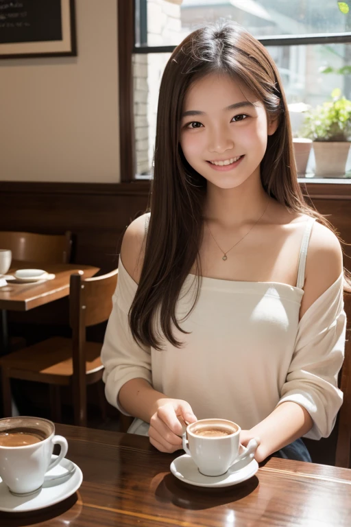 17 years old girl, Asian, café, Smiling, high resolution, 8k, masterpiece, realistic, natural