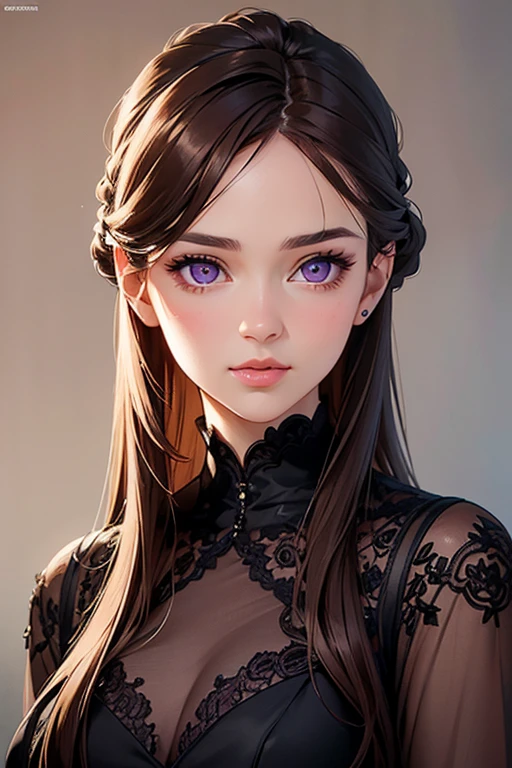 best quality,realistic,portrait,medium,detailed,professional,beautiful detailed brown hair,beautiful detailed purple eyes,beautiful detailed lips,charming young woman about 22 years old,black dress,clever gaze,delicate features,rose placed next to her hair, half body