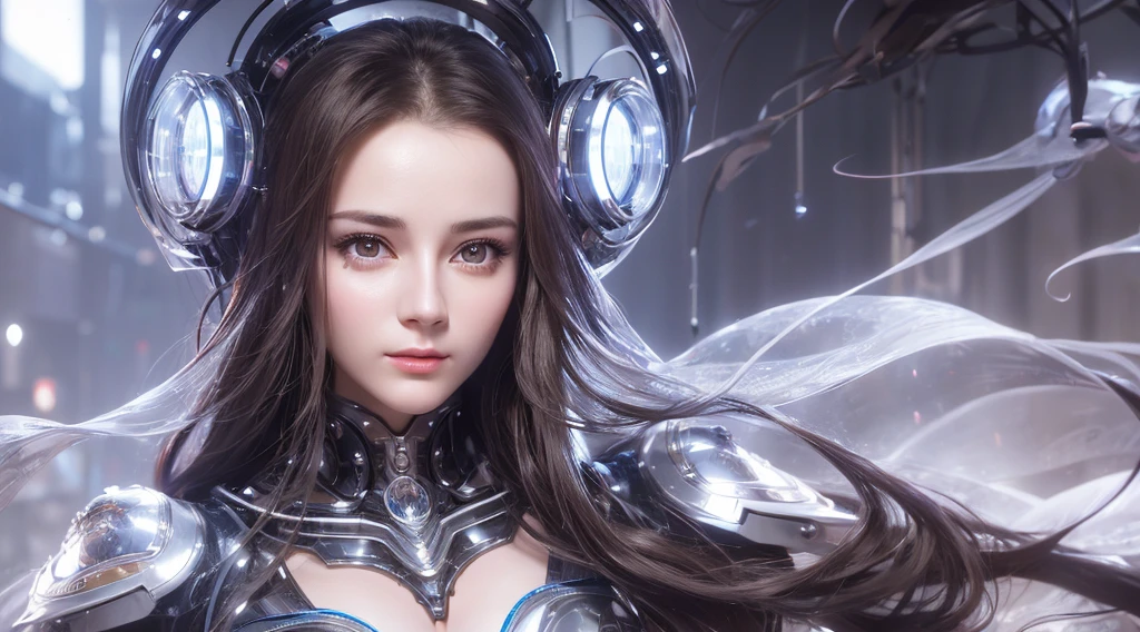A close-up head and chest portrait of a pretty and cute woman, long hair, her chest adorned with pneumatic tubes that give her a unique and futuristic appearance. The highly detailed digital rendering captures every aspect of her beauty, from her delicate features to the intricate tubes.