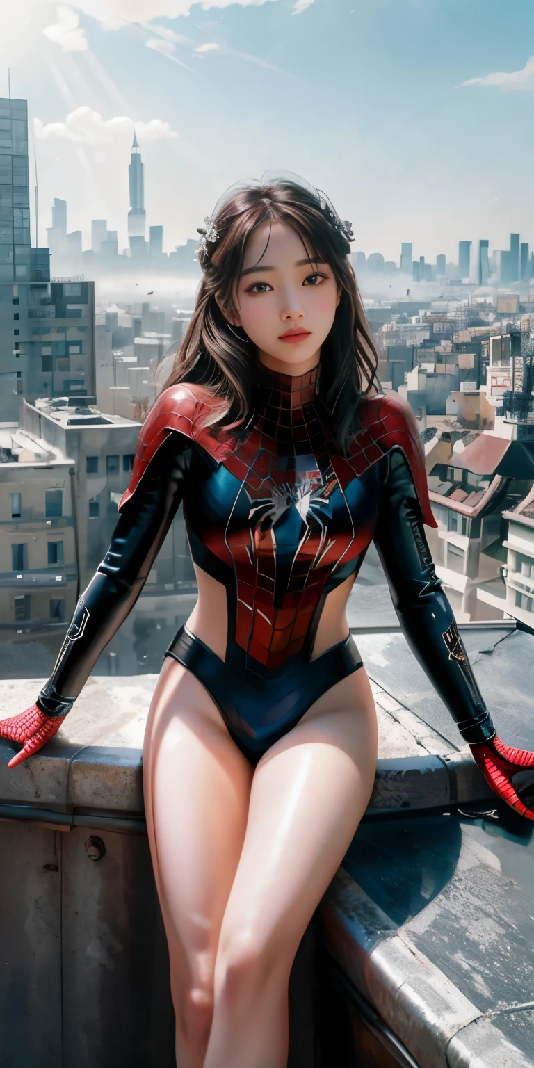 (1 girl:1.3), alone, (((Very detailed face)))), ((Very detailed eyes and face)))), รายละเอียดดวงตาที่beautifulงาม, body parts__, official art, All-in-one 8k wallpaper, Superb details, beautiful and beautiful, beautiful, Masterpiece, best quality, manuscript, Masterpiece, ภาพถ่ายbeautifulมาก, best quality, Ultra high resolution, immersive realism, sunlight, full body image, incredible beauty, dynamic gesture, delicate face, bright eyes, (from the front), She wears a Spiderman costume., Red and black color scheme, spider, Very detailed city roof background., rooftop, overlooking the city, detailed face, Detailed complex busy background, tangle, beautiful, milky white, Highly detailed skin, realistic skin details, visible pores, Focus clearly, Volumetric mist, 8k UHD, DSLR, High quality, Film texture, ผิวbeautiful, Photo realism, Lomography, Dystopian metropolis of the future, translucent,Got punched in the stomach by a man