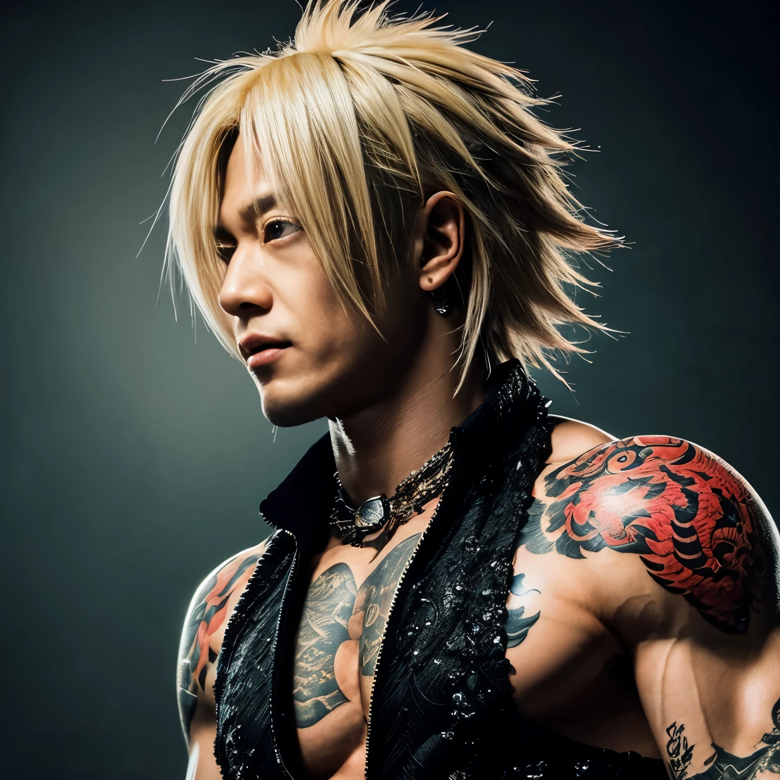 1 man, Japanese man, male, Asian eyes, muscular, broad shoulders, dragon tattoos, hairstyle Visual Kei style, hair Visual Kei, black men's shirt and black pants, ultra detailed face, hyperrealistic, realistic representation, long hair, long hair, 30 years old, age 30 years, blond, blonde hair