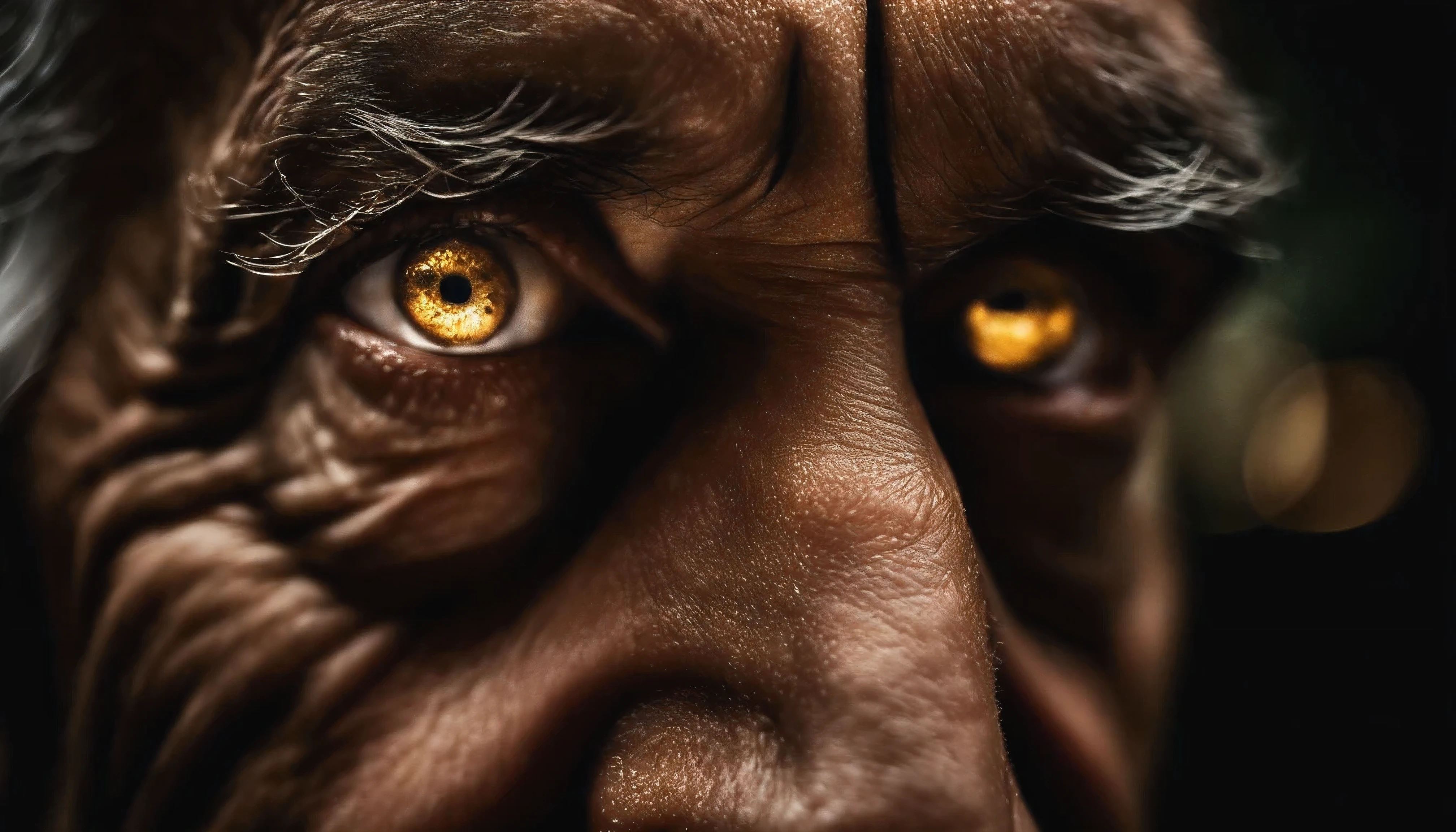 An epic close-up portrait of sinister, intense elderly eyes, e nariz com longa barba branca, emoldurado por um antigo capuz de linho branco desbotado e esfarrapado, reflecting golden sparks in the irises of the eyes, sobrancelhas brancas, At night, dramatic lighting, alto contraste, higher definition, hiperrealismo, hiperrealista, Fotorrealista, high resolution, fotografia hd, 8k