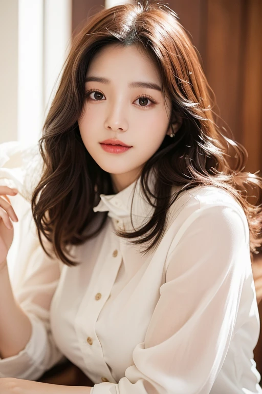 Arapé woman with long hair wearing a white blouse posing for a photo, beautiful south Korean woman, Korean woman, Korean woman, gorgeous young Korean woman, korean artist, sakimichan, beautiful young Korean woman, Best Face, Popular Korean Makeup, Jaeyeon Nam, Korean female actresses, very detailed), Korean female fashion model,