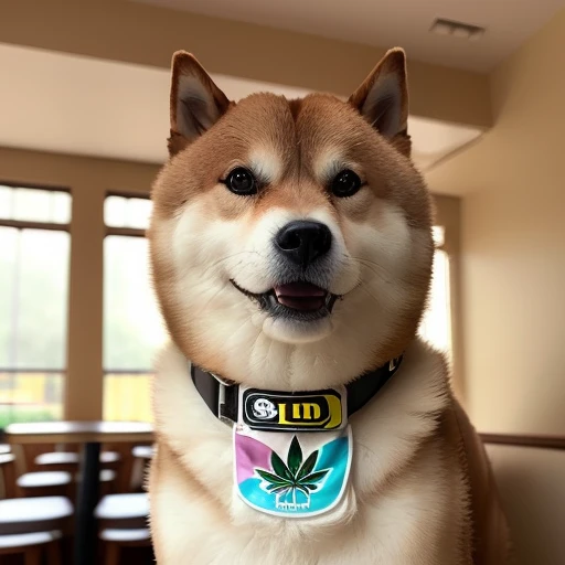 professional photos [(((buffswoldage))):buffswoldage:8], grin, dog&#39;s body, Tank top,白いTank top,Tank topにロゴ,Logo is CBD,Eating a large cannabis plant in a restaurant, dramatic light like a movie, smooth transition, Bokeh