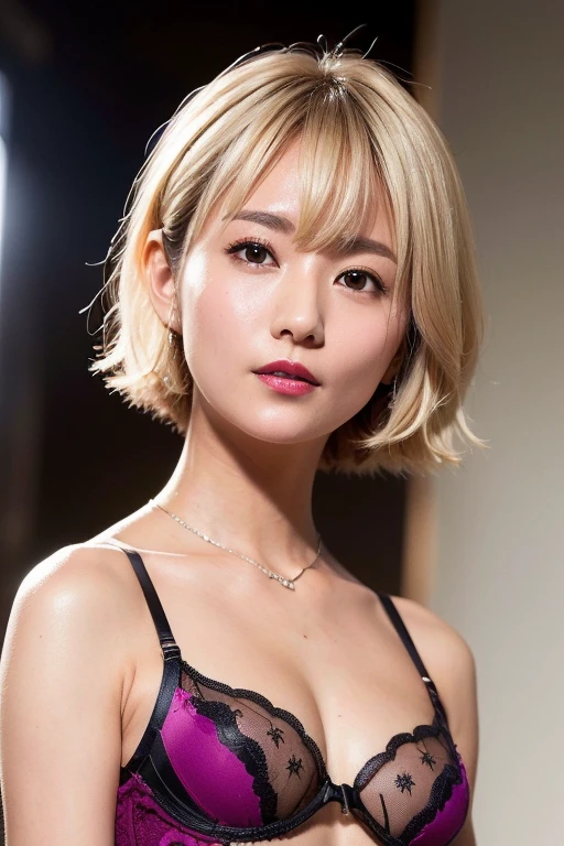1 girl,(Raise your hair with both hands:1.4),(RAW photo, highest quality), (realistic, photo-realistic:1.4), masterpiece, very delicate and beautiful, very detailed, 2k wallpaper, wonderful, finely, very detailed CG unity 8k wallpaper, Super detailed, High resolution, soft light, beautiful detailed girl, very detailed eyes and face, beautifully detailed nose, beautiful and detailed eyes,cinematic lighting,illuminated by neon lights at night,perfect anatomy,slender body,(straight face),blonde hair,(short hair)